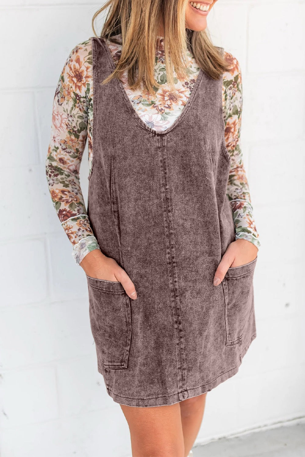 denim v neck mini dress Vintage Washed Denim V Neck Mini Dress