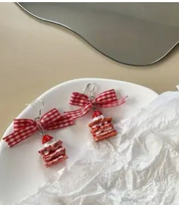 Bow Strawberry Cake Stud Earrings