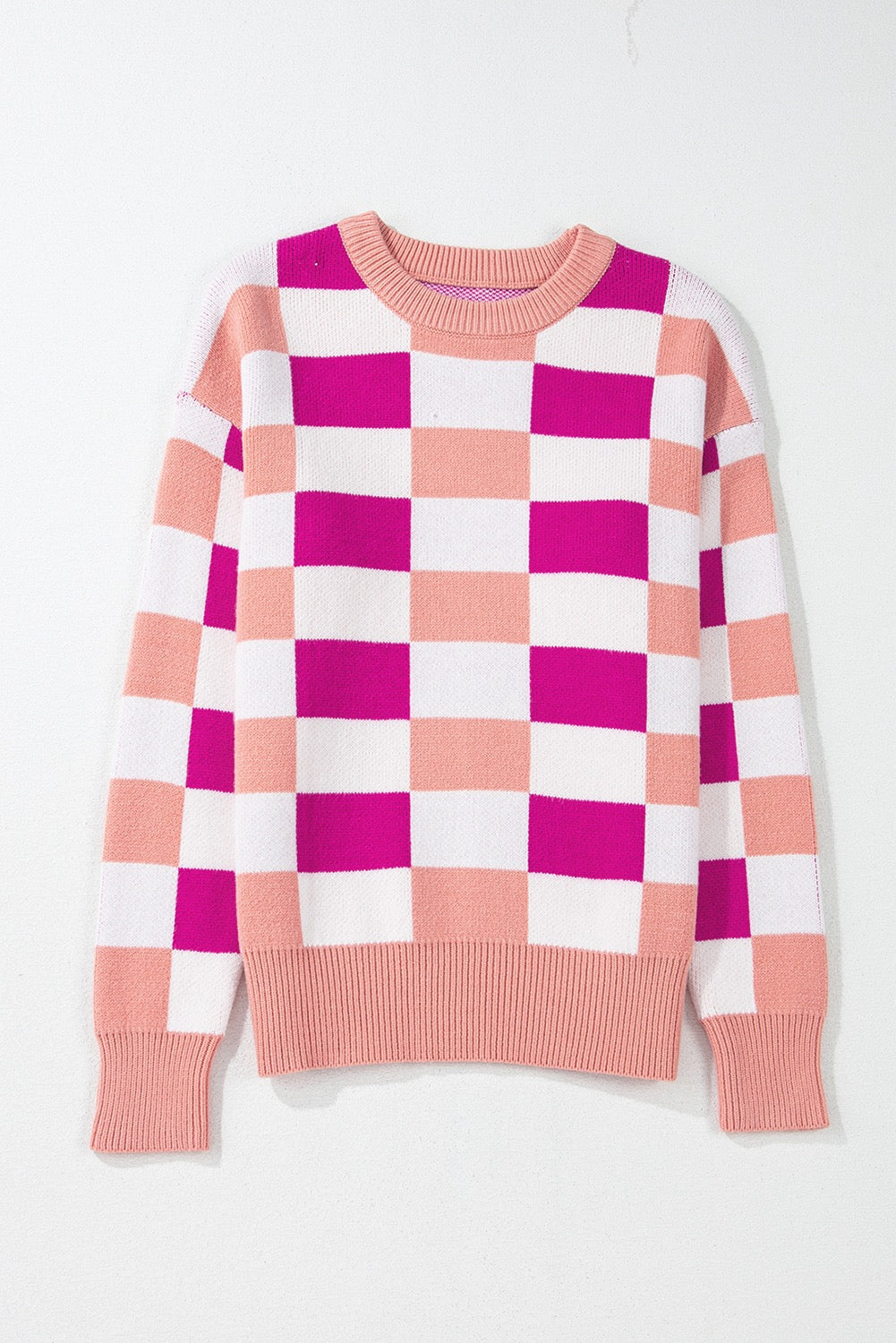 Pink Checkered Ribbed Edge Drop Shoulder Sweater