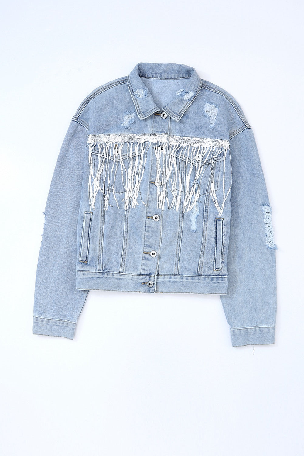 Sky Blue Sequin Embellished Denim Jacket