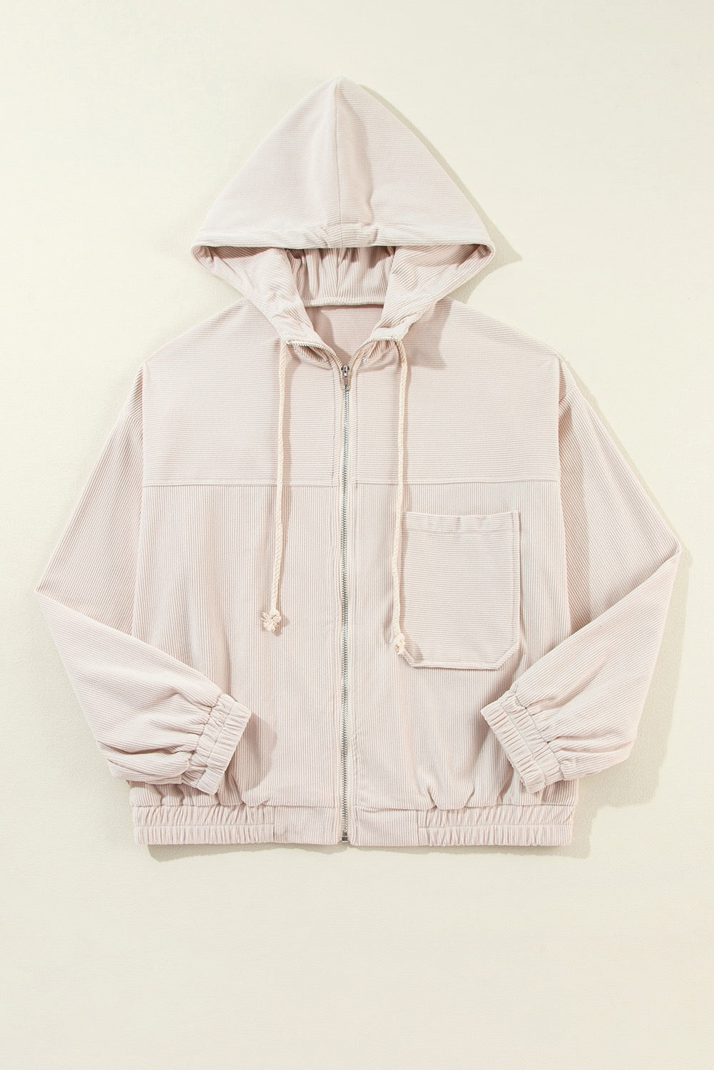 Corduroy Drawstring Hooded Zip Up Jacket