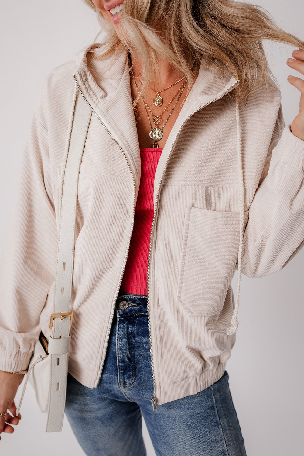 Corduroy Drawstring Hooded Zip Up Jacket
