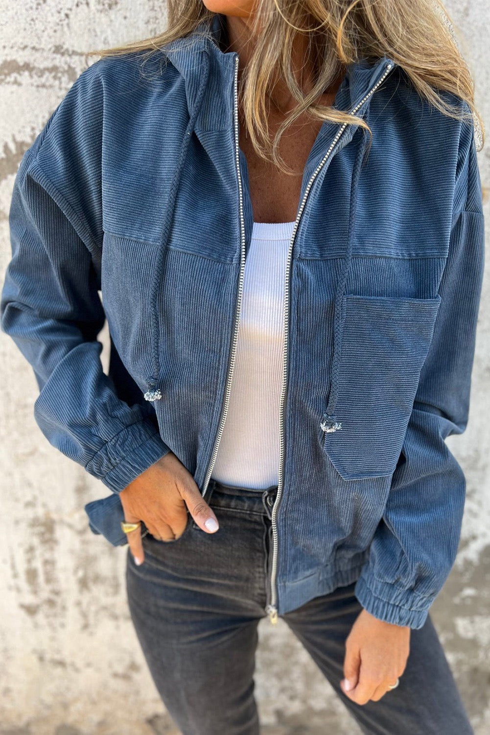 Corduroy Drawstring Hooded Zip Up Jacket