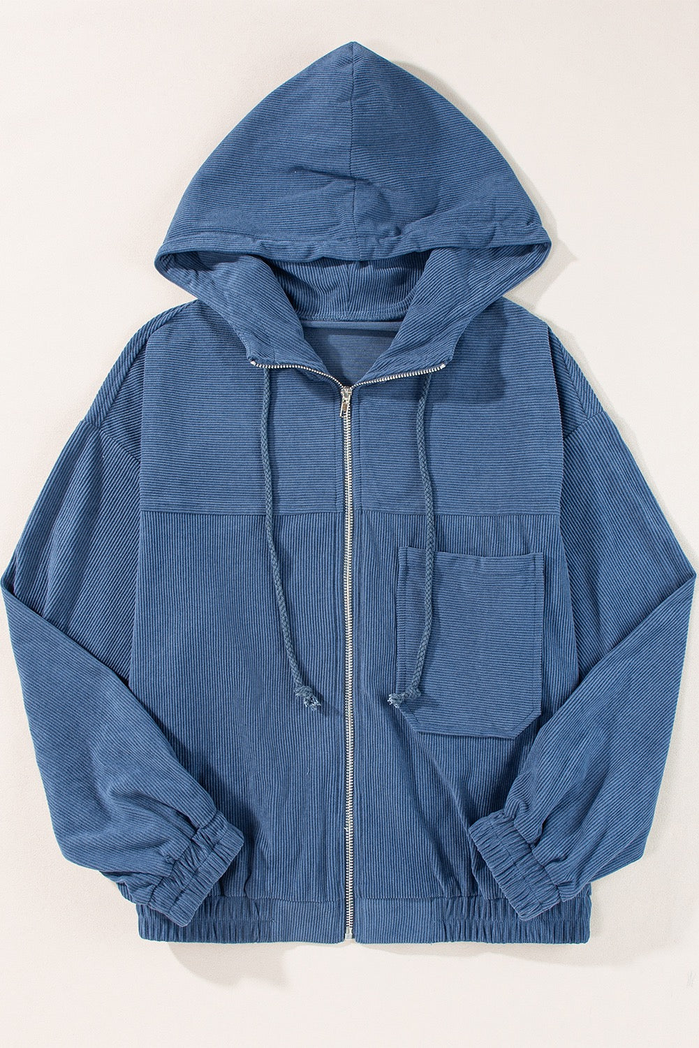 Corduroy Drawstring Hooded Zip Up Jacket