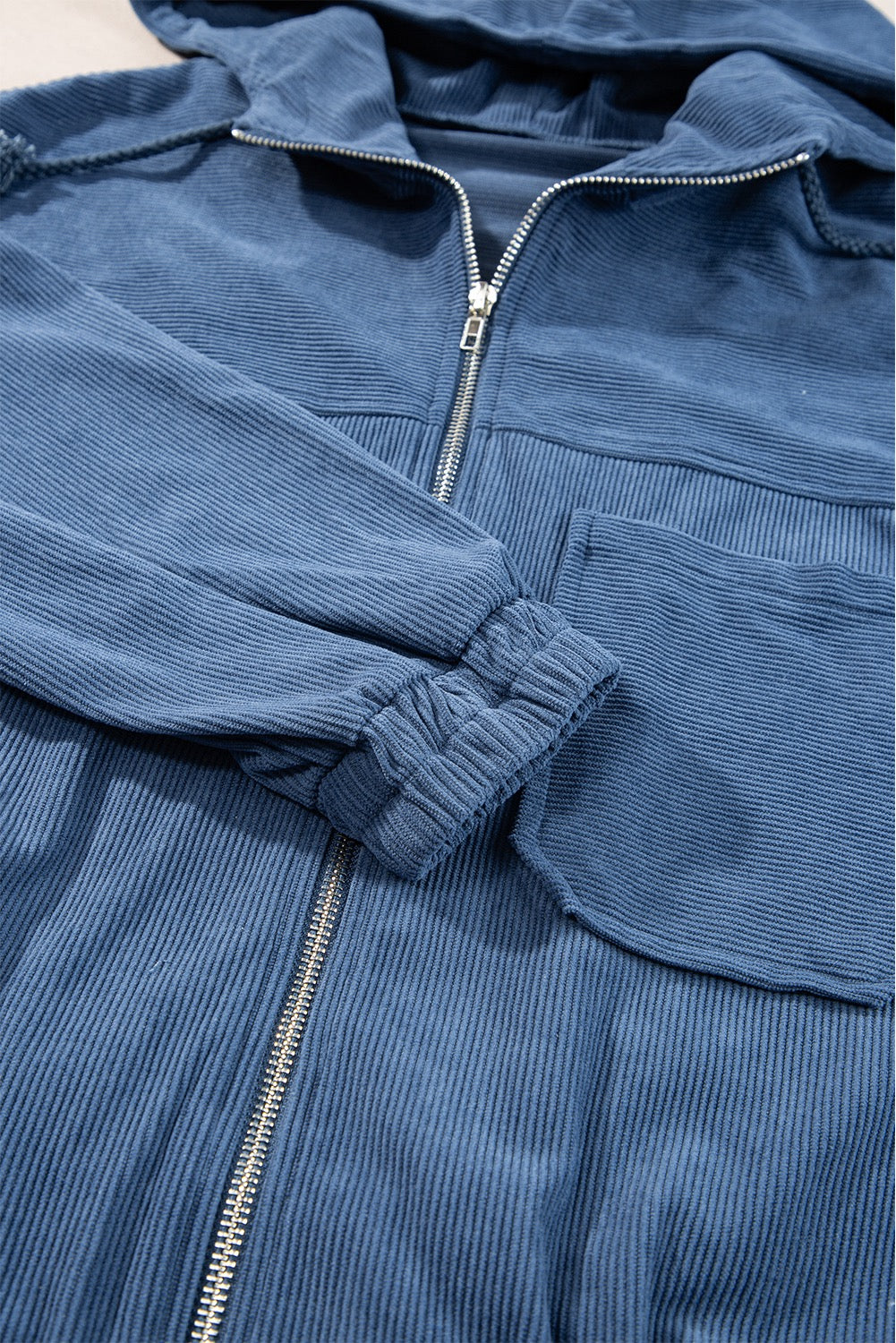 Corduroy Drawstring Hooded Zip Up Jacket