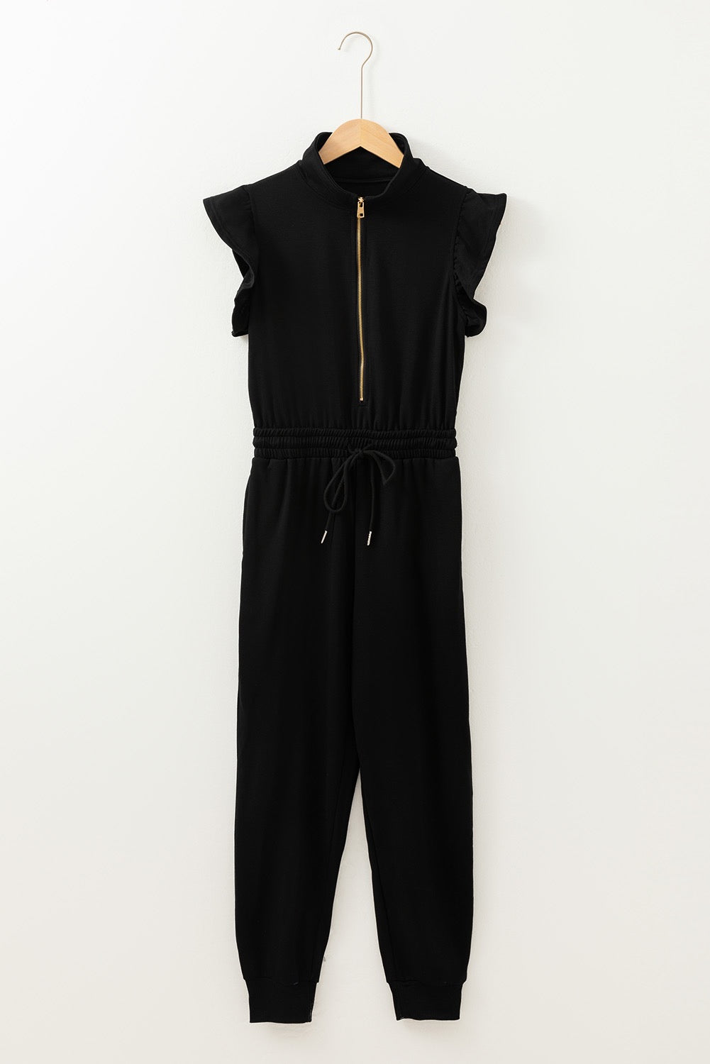 Black Zipper Flutter Sleeve Jumpsuit