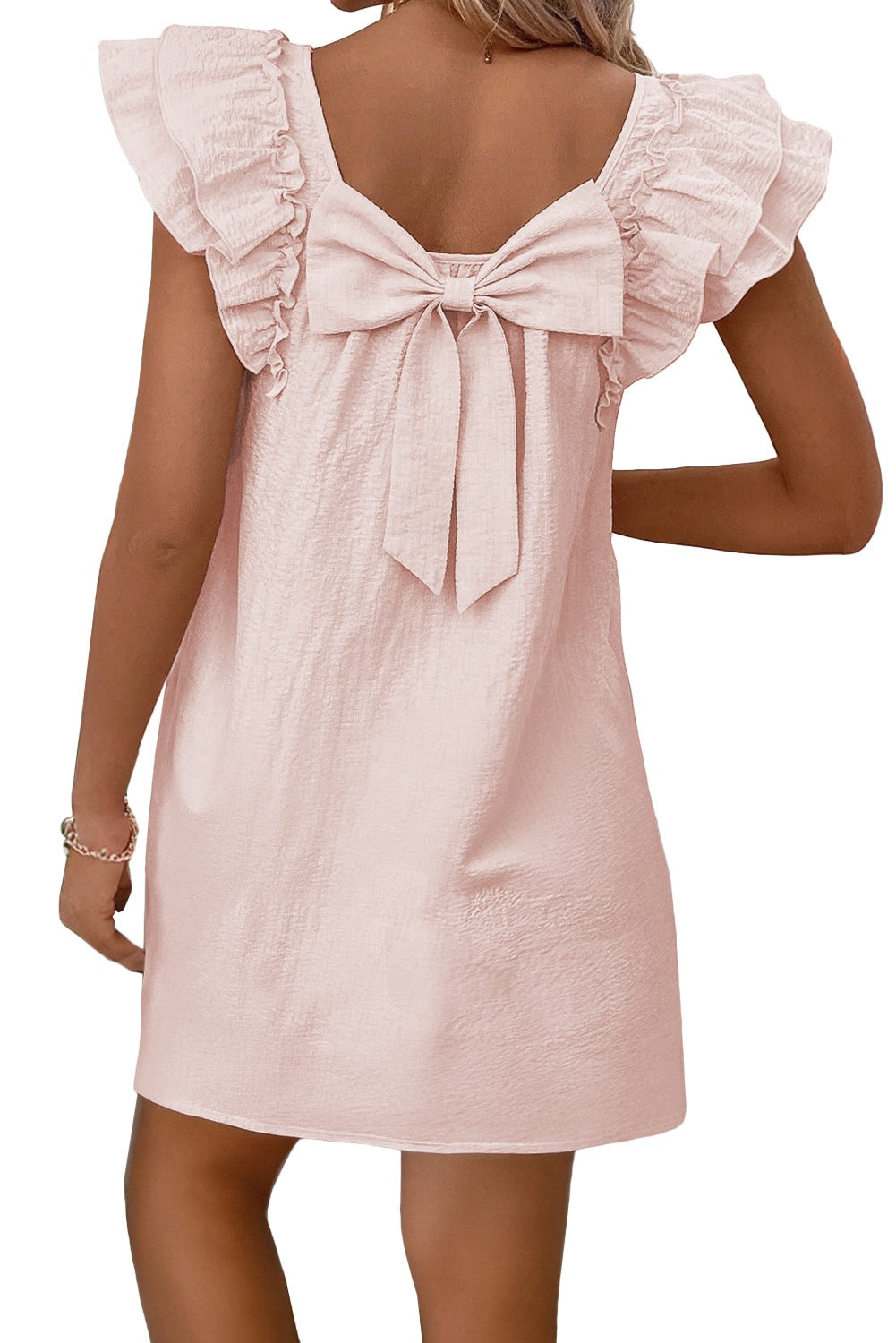 Light Pink Flutter Sleeve Square Neck Mini Dress