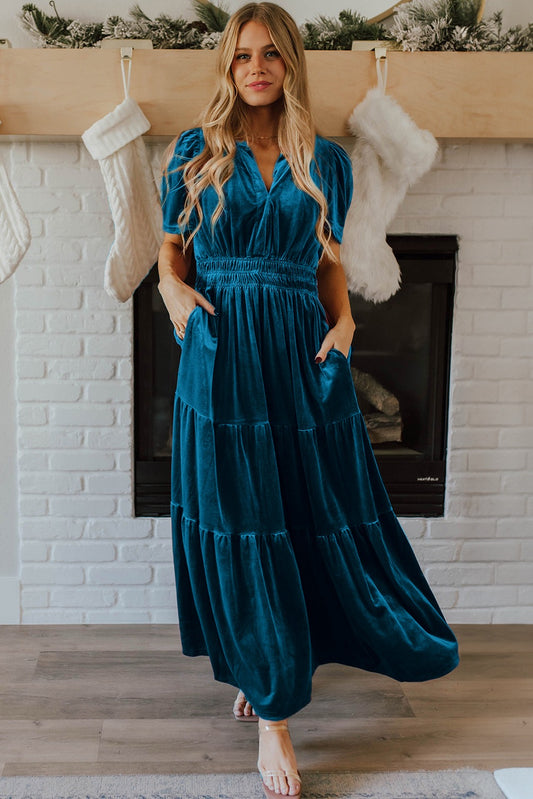 Prussian Blue Velvet Short Sleeve Tiered Maxi Dress