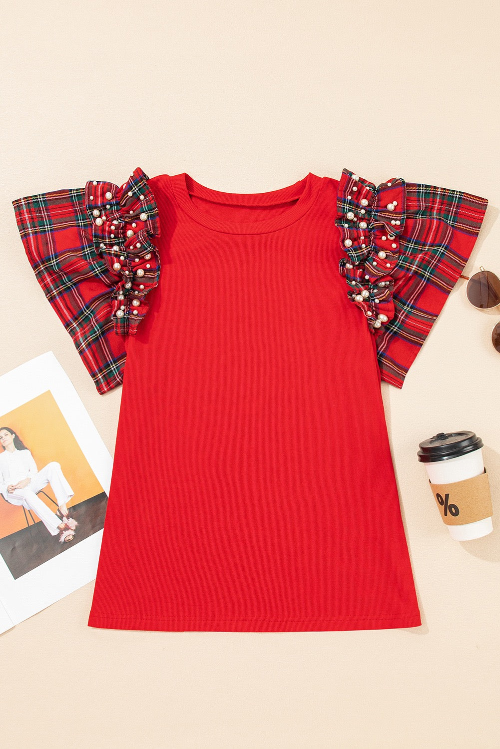 Red Plaid Pearl Ruffle Short Sleeve Tshirt