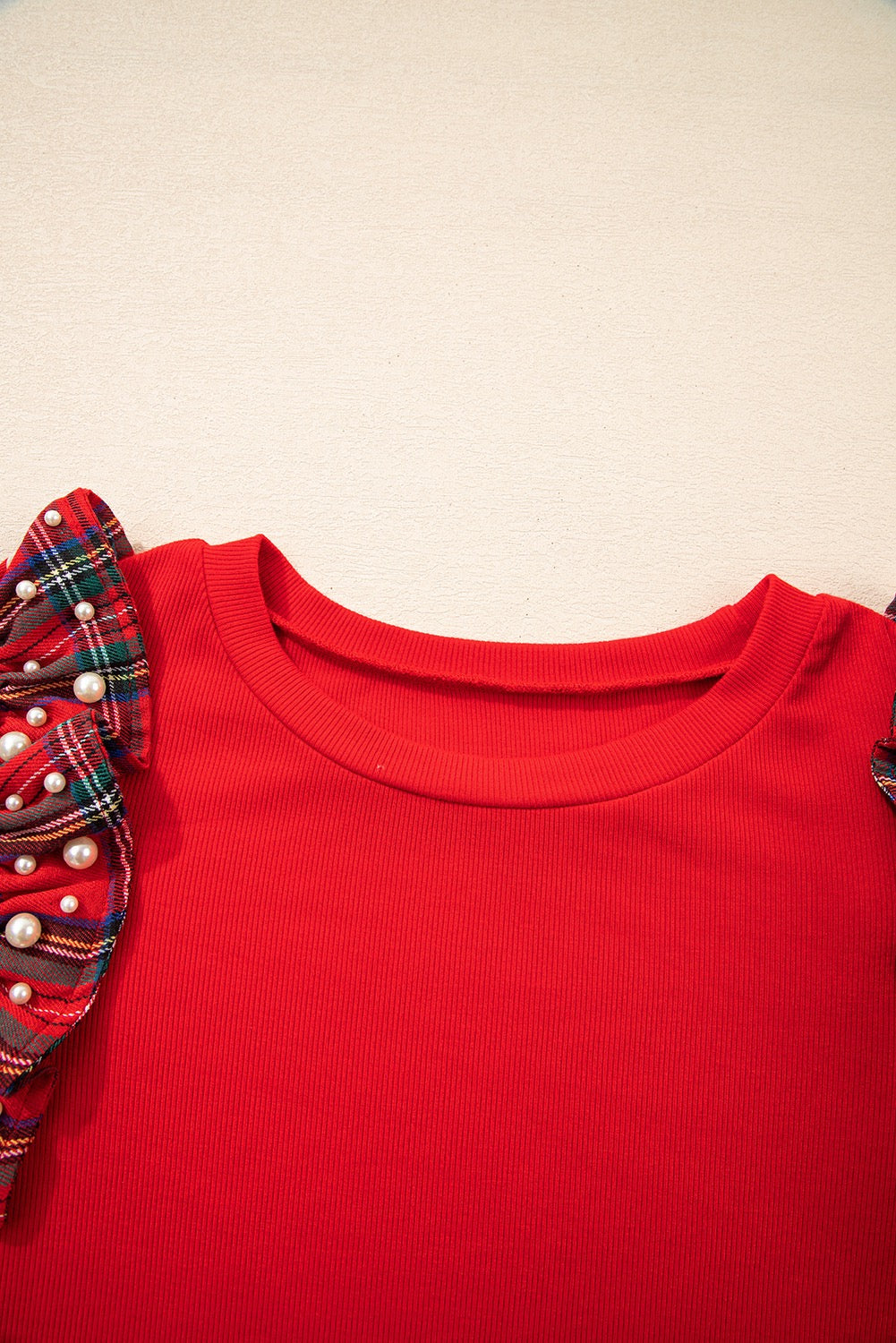 Red Plaid Pearl Ruffle Short Sleeve Tshirt