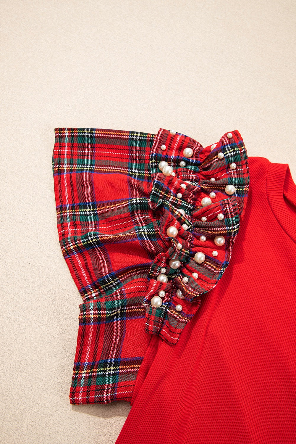 Red Plaid Pearl Ruffle Short Sleeve Tshirt