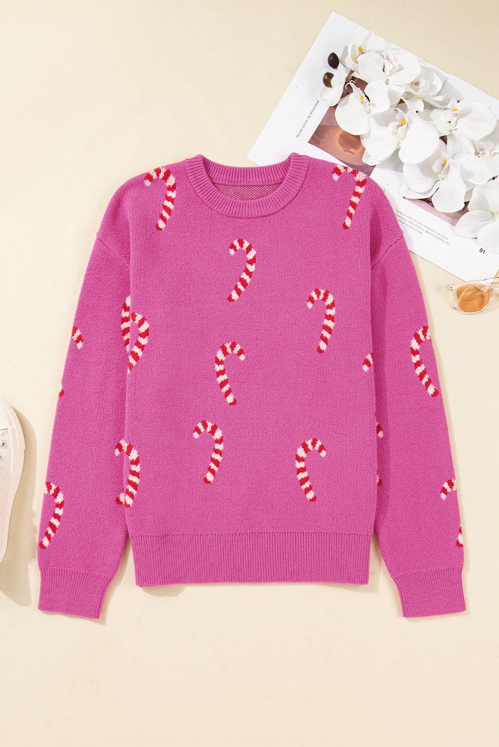 Pink Candy Cane Holiday Drop Shoulder Sweater