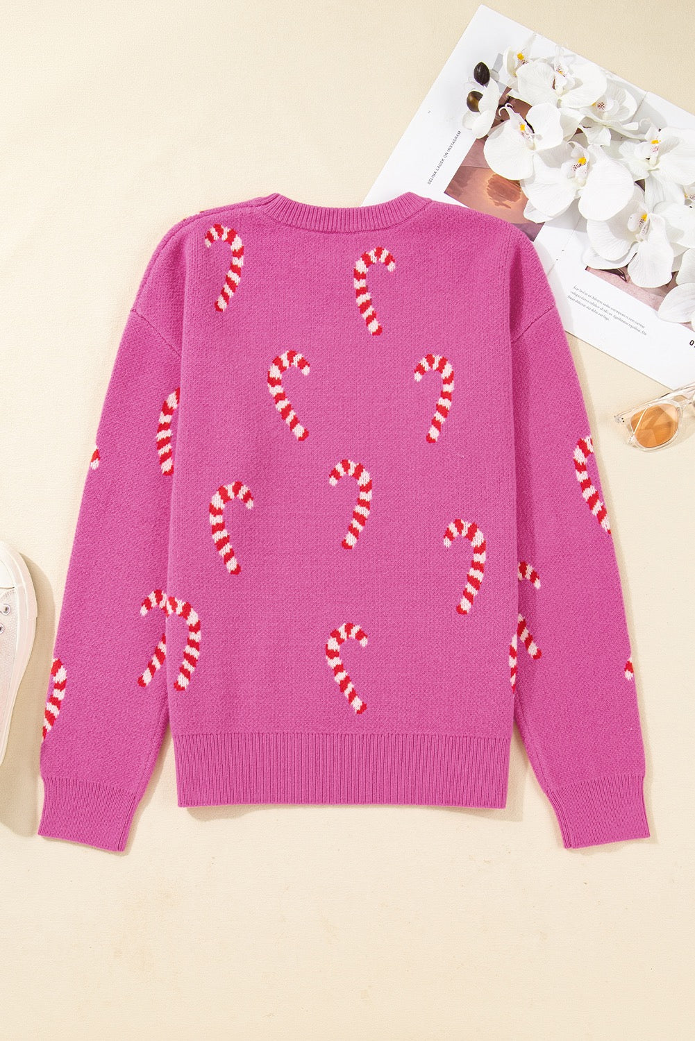 Pink Candy Cane Holiday Drop Shoulder Sweater