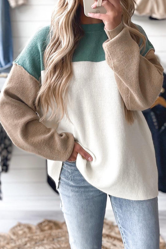 Green Color Block Ribbed Baggy Sweater