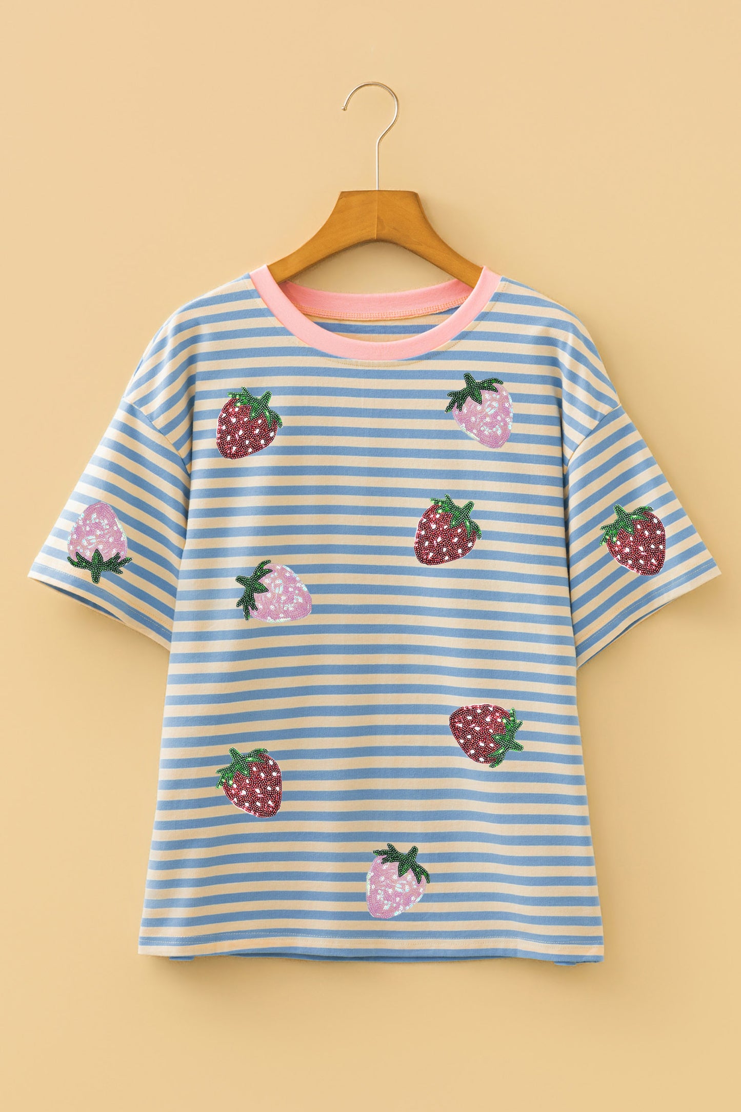 Sky Blue Stripe Sequin Strawberry Contrast Trim Round Neck Tee