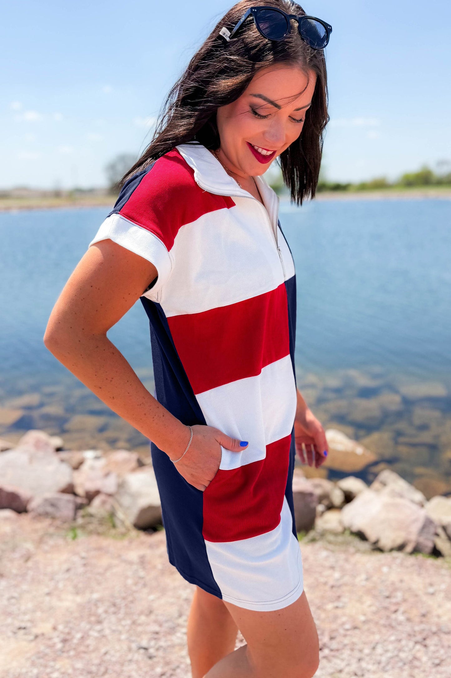 Navy Blue Americana Colorblock Stripes Zip up Collared T Shirt Mini Dress