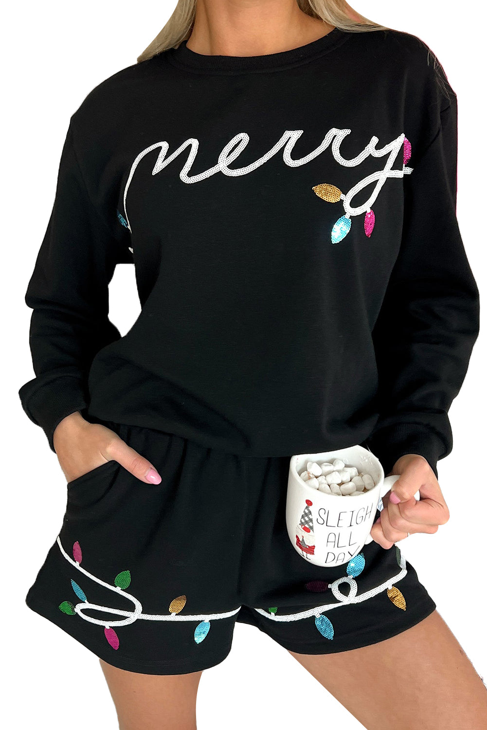 Black Sequin Merry Pullover & Shorts Set