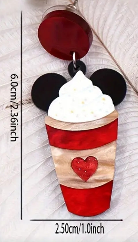 Mouse Ears Whipped Cream Drink Heart Cup Earrings