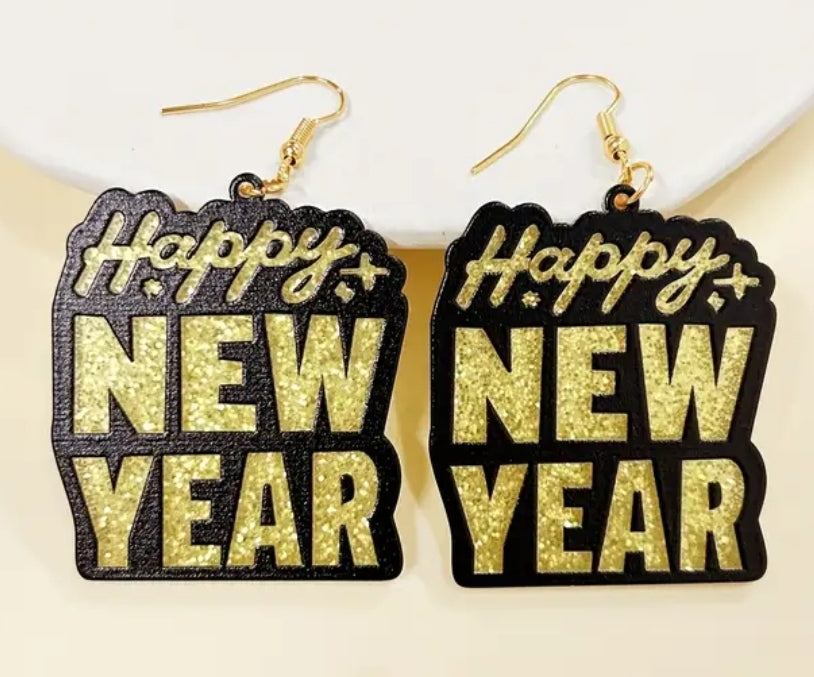 Acrylic Glitter Happy New Year Dangle Earrings