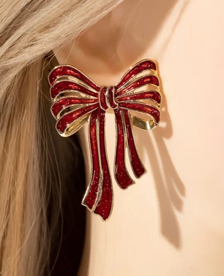 Red Bow w/Golden Dust Finish Drop Earrings