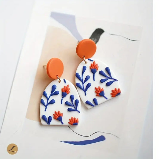 Orange & Blue Leaf Clay drop earrings