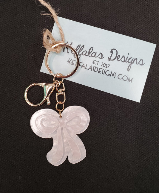Pink Pearlescent & White Bow Keychain