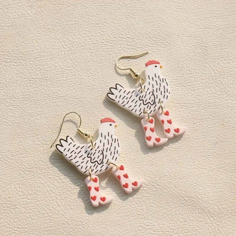 Chicken w/pink boots Acrylic Earrings