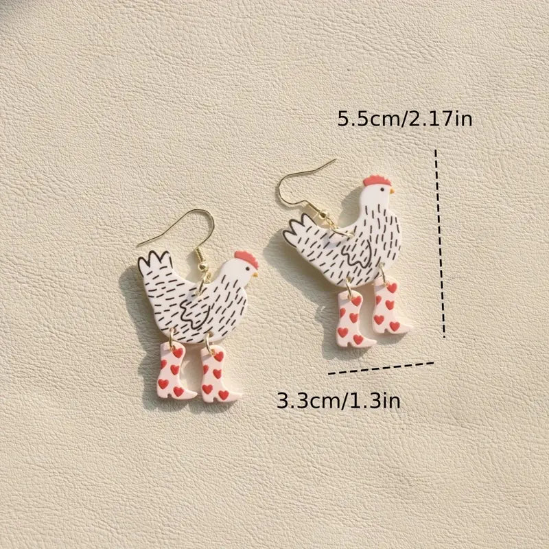 Chicken w/pink boots Acrylic Earrings