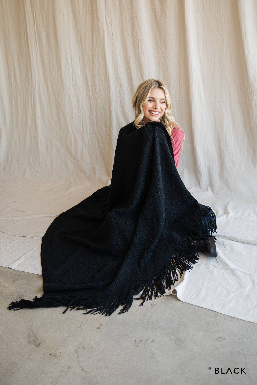 Black Knitted Fringe Blanket