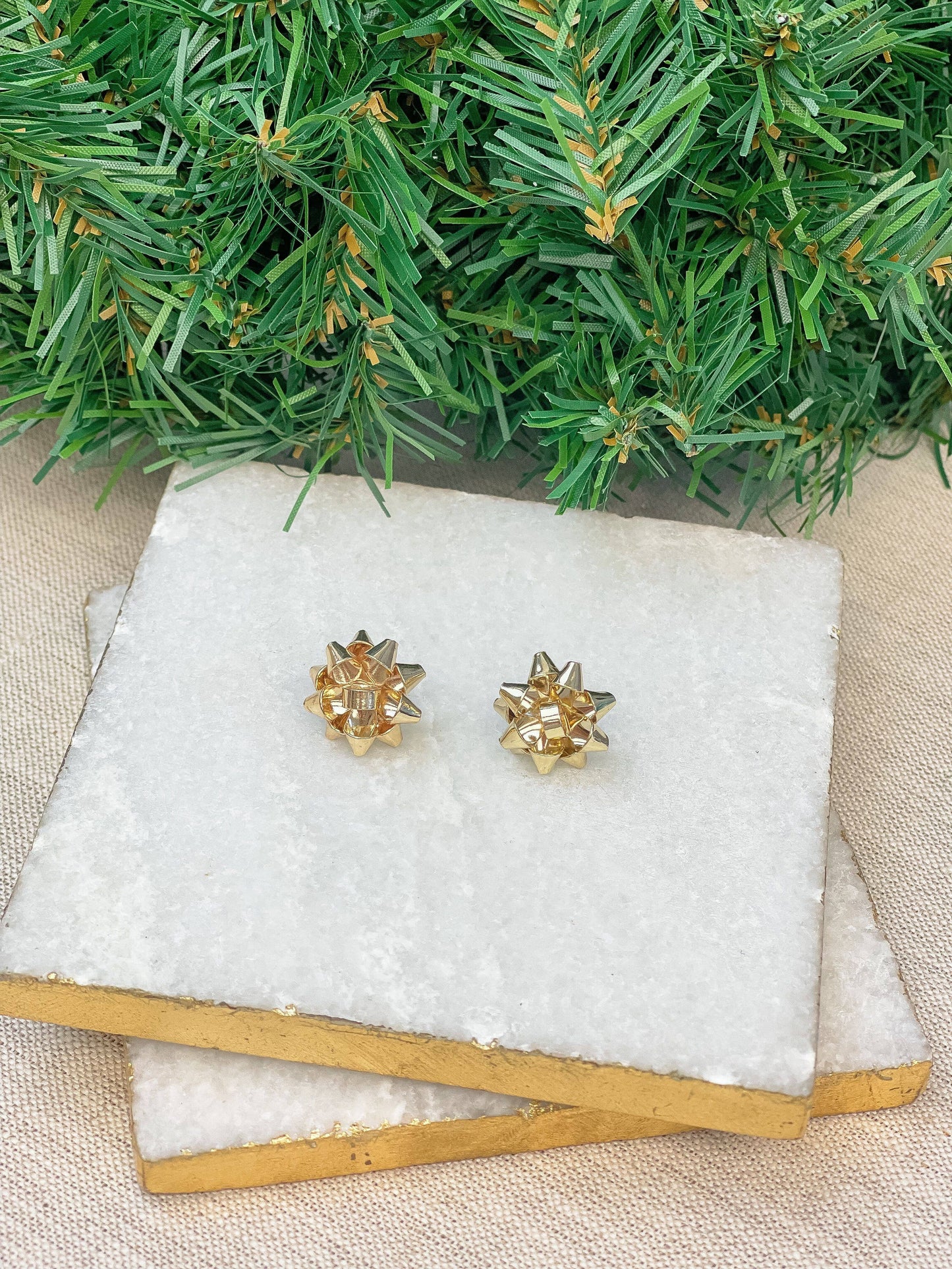 Metallic Present Bow Stud Earrings Gold