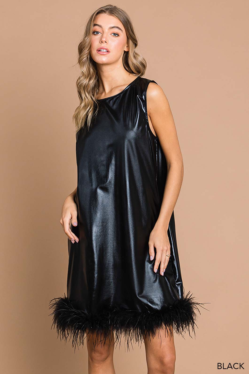 Faux Leather Feather Trim Dress Small Faux Leather Feather Trim Dress Small