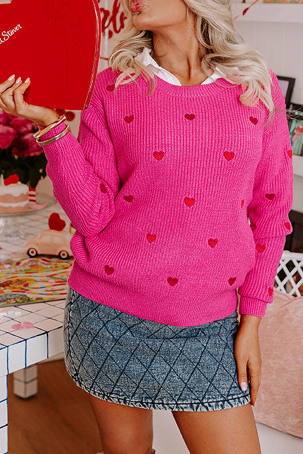 Rose Red Ribbed Knit Heart Pattern Sweater