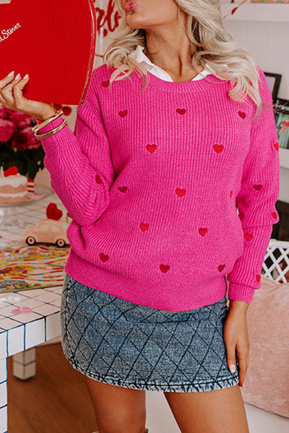 Rose Red Ribbed Knit Heart Pattern Sweater