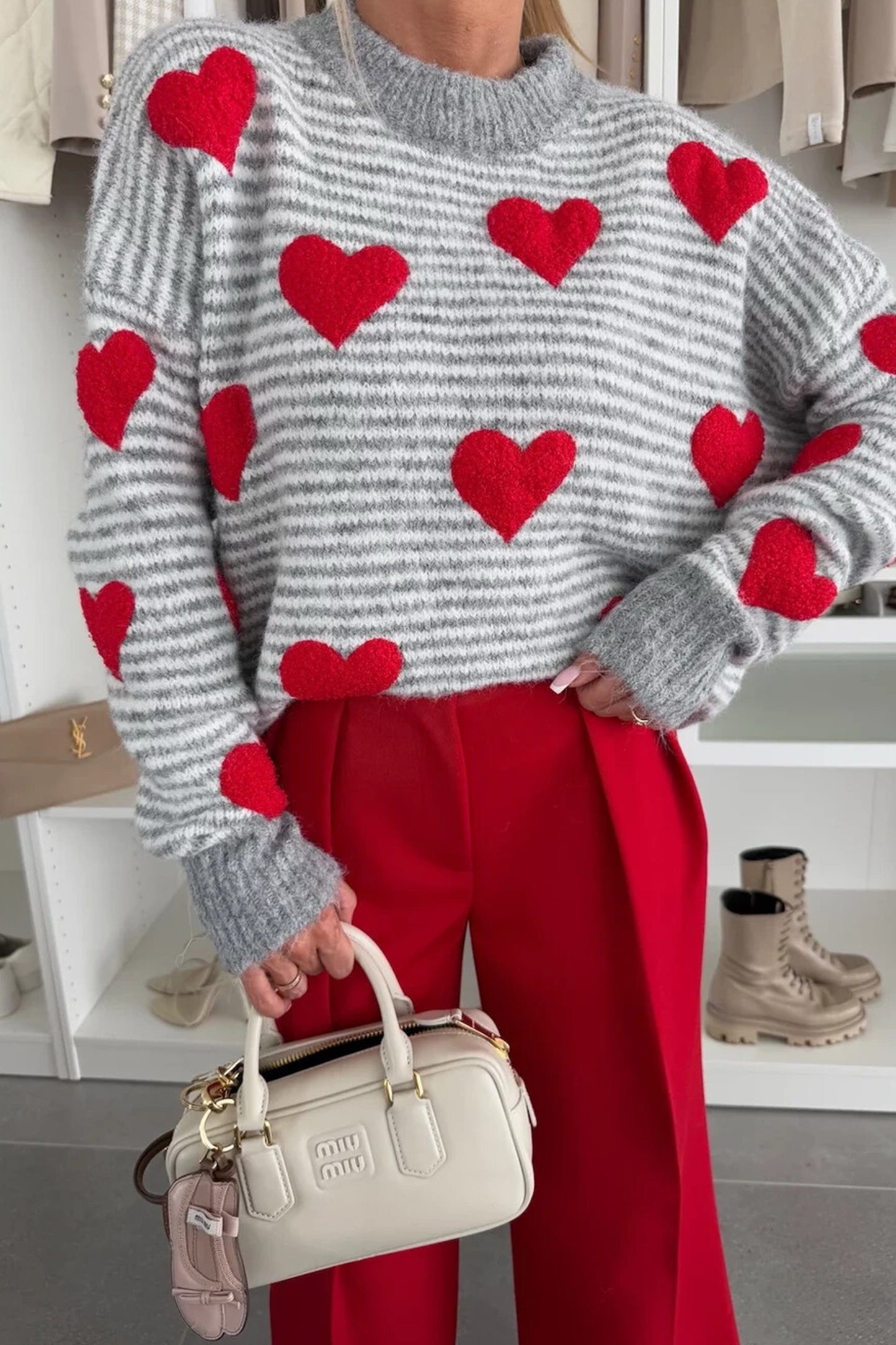 Gray Striped Red Heart Knit Sweater