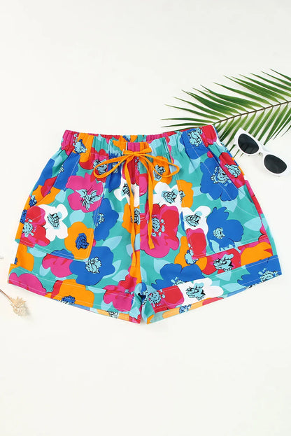 Multicolor Floral Print Drawstring Shorts