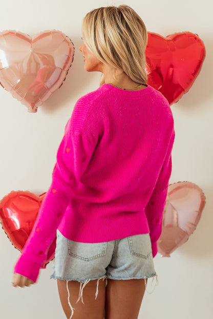 Rose Red Ribbed Knit Heart Pattern Sweater