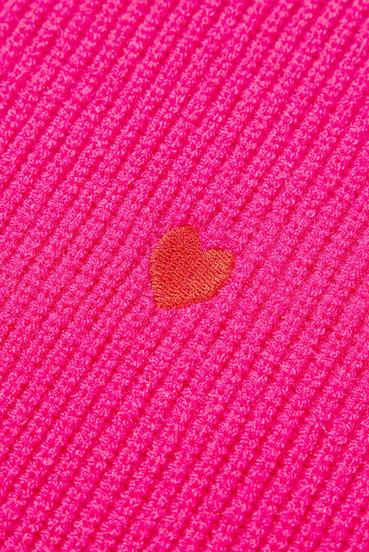 Rose Red Ribbed Knit Heart Pattern Sweater