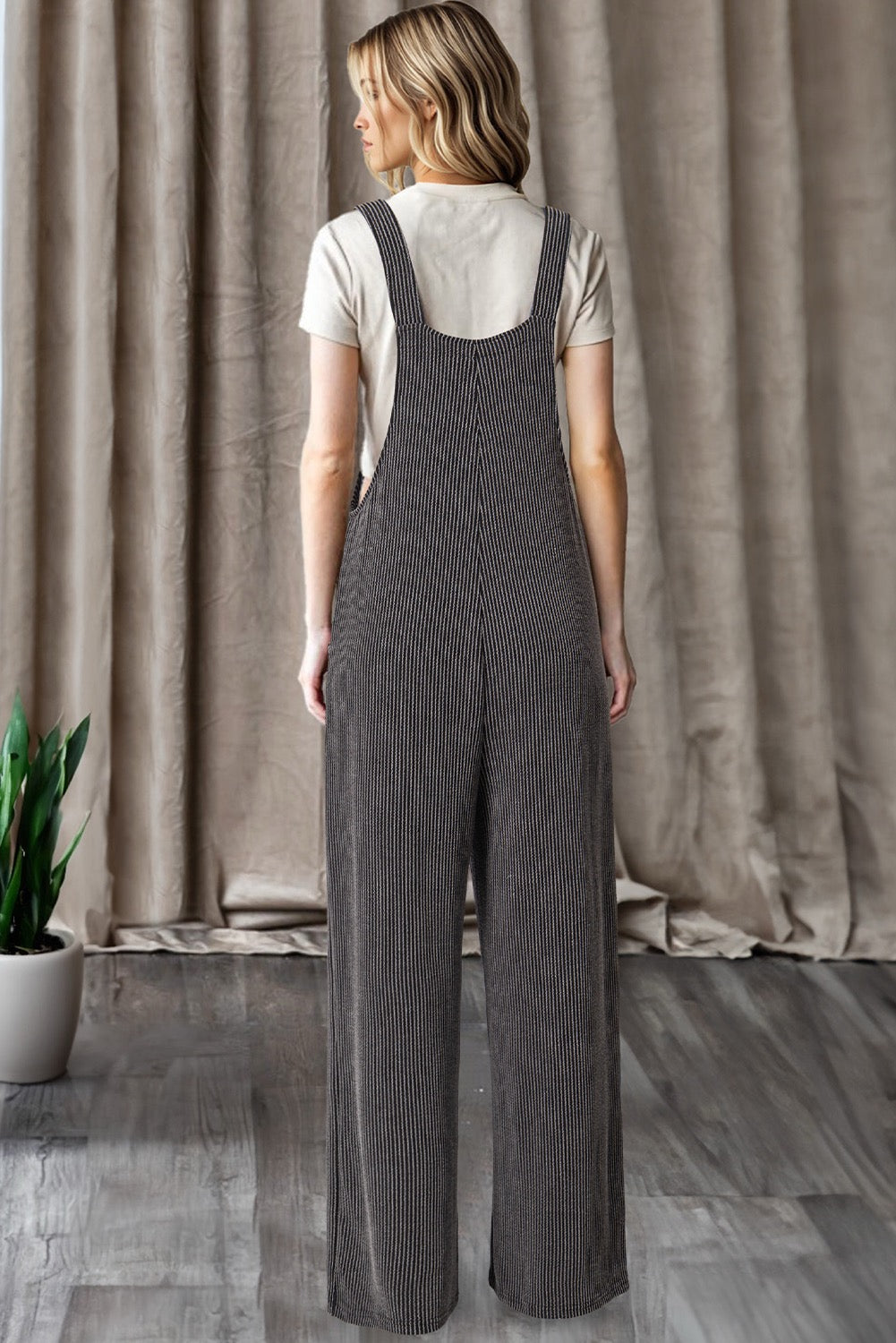 Carbon Gray Ribbed Knit Wide Leg Overalls