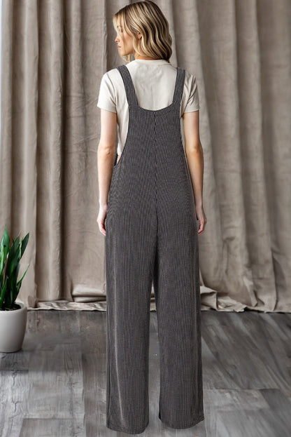 Carbon Gray Ribbed Knit Wide Leg Overalls