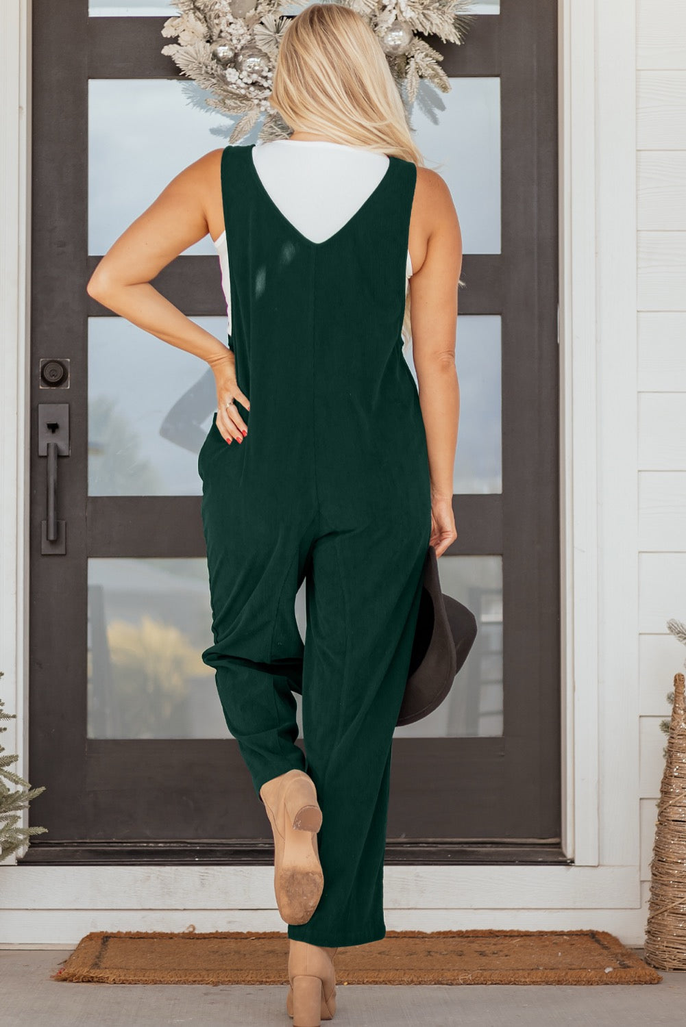 Evergreen Corduroy V Neck Sleeveless Jumpsuit