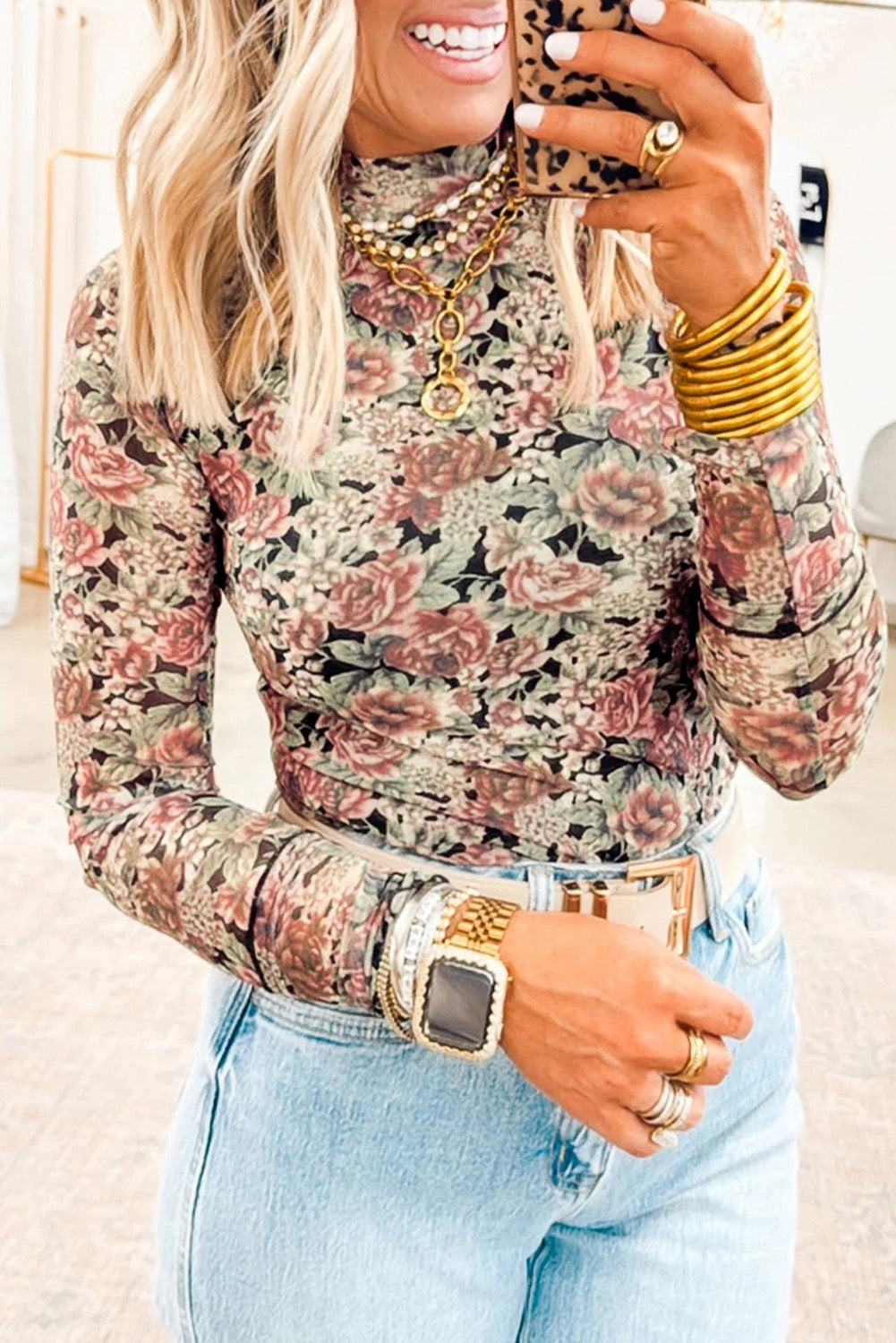 Retro Floral Print Mock Neck Long Sleeve Top