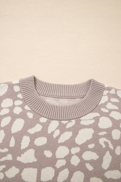 Gray Leopard Ribbed Trim Drop Shoulder Sweater