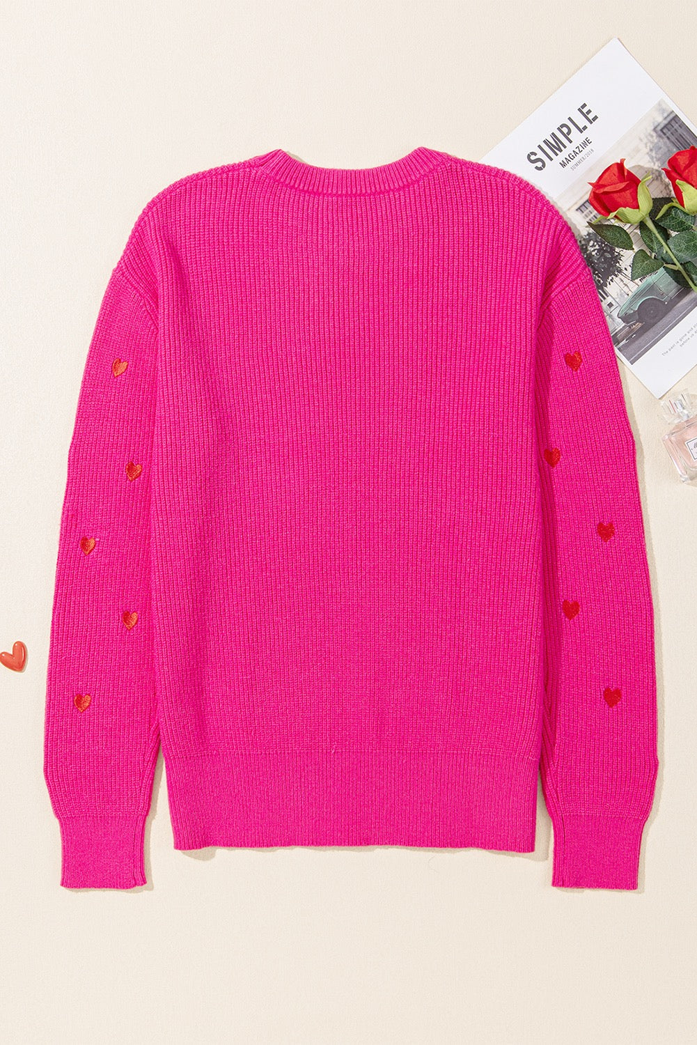 Rose Red Ribbed Knit Heart Pattern Sweater