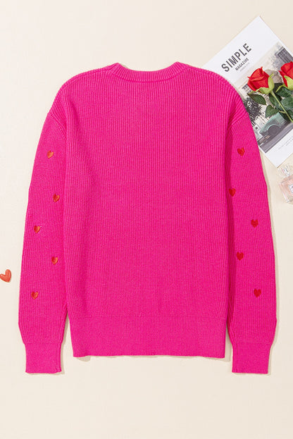 Rose Red Ribbed Knit Heart Pattern Sweater