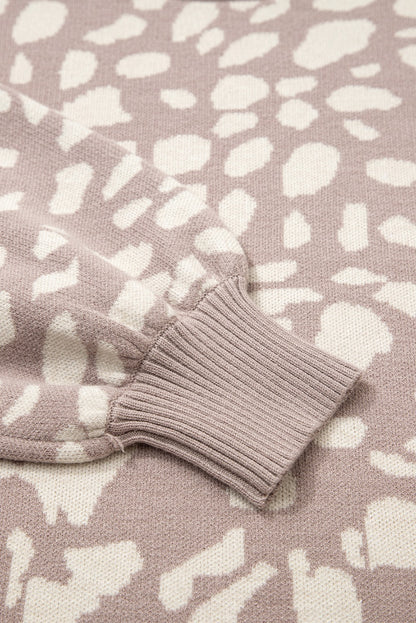 Gray Leopard Ribbed Trim Drop Shoulder Sweater