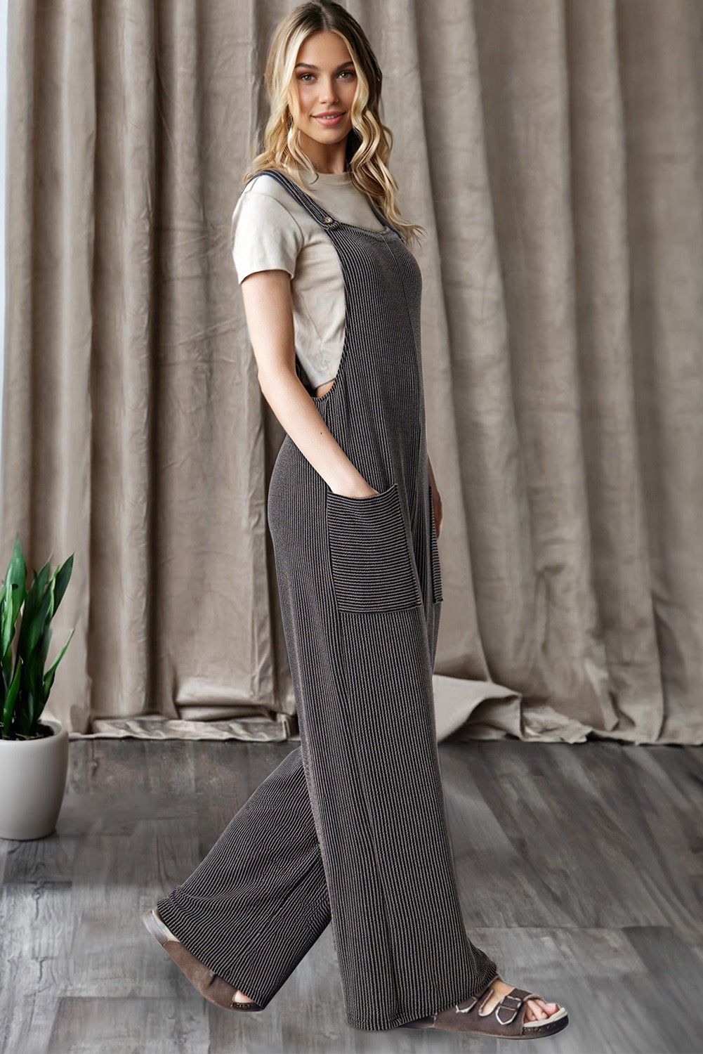 Carbon Gray Ribbed Knit Wide Leg Overalls