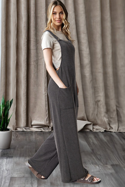 Carbon Gray Ribbed Knit Wide Leg Overalls
