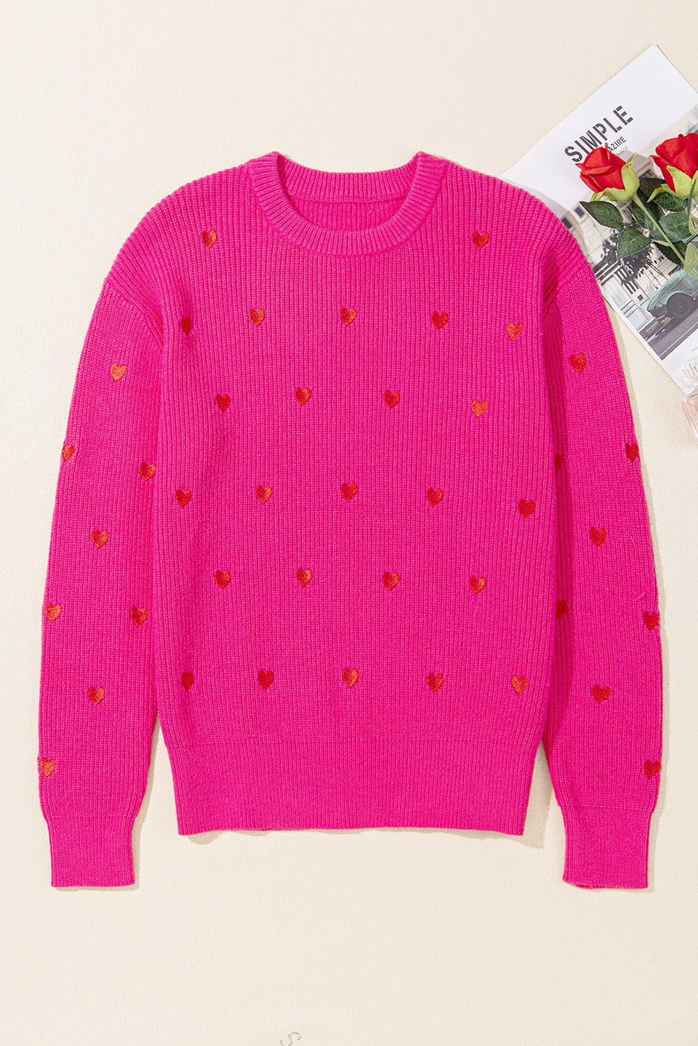 Rose Red Ribbed Knit Heart Pattern Sweater