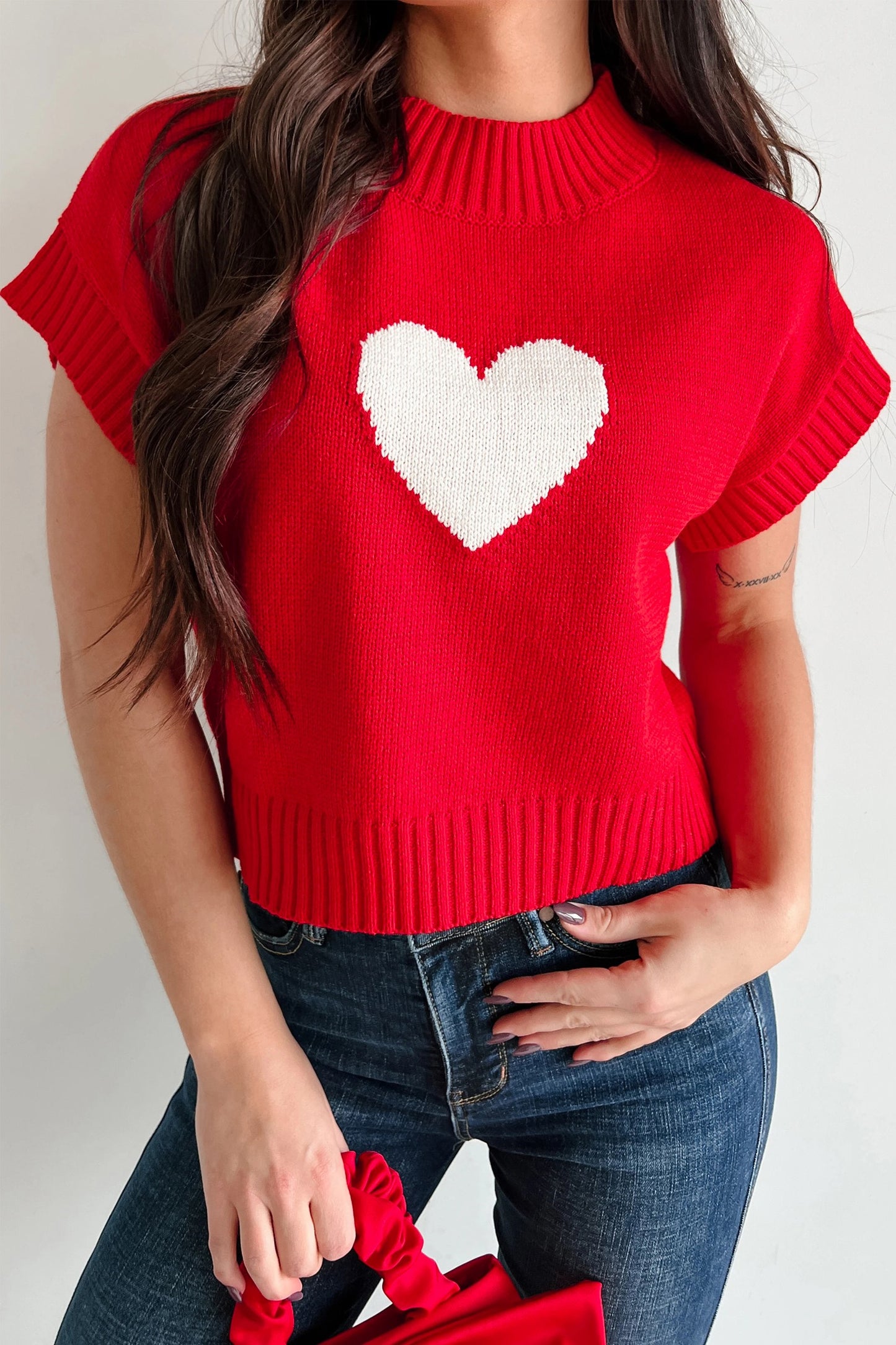 Red Valentine Heart Cropped Short Sleeve Sweater