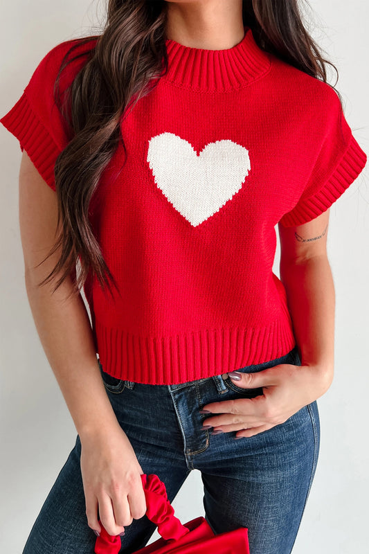 Red Valentine Heart Cropped Short Sleeve Sweater